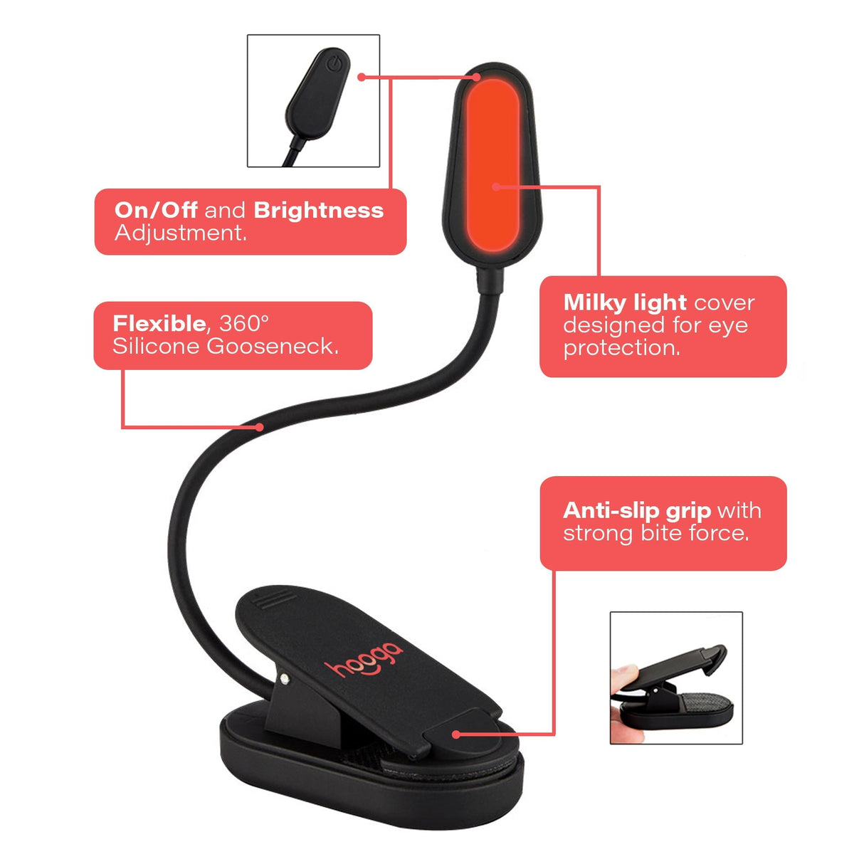 Hooga Red Clip-On Book Light