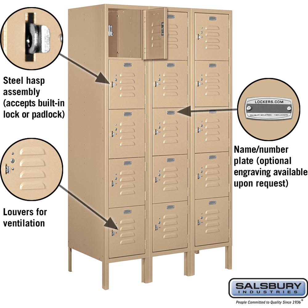 12" Wide Five Tier Box Style Standard Metal Locker - 3 Wide - 5 Feet High - 18" Deep by Salsbury