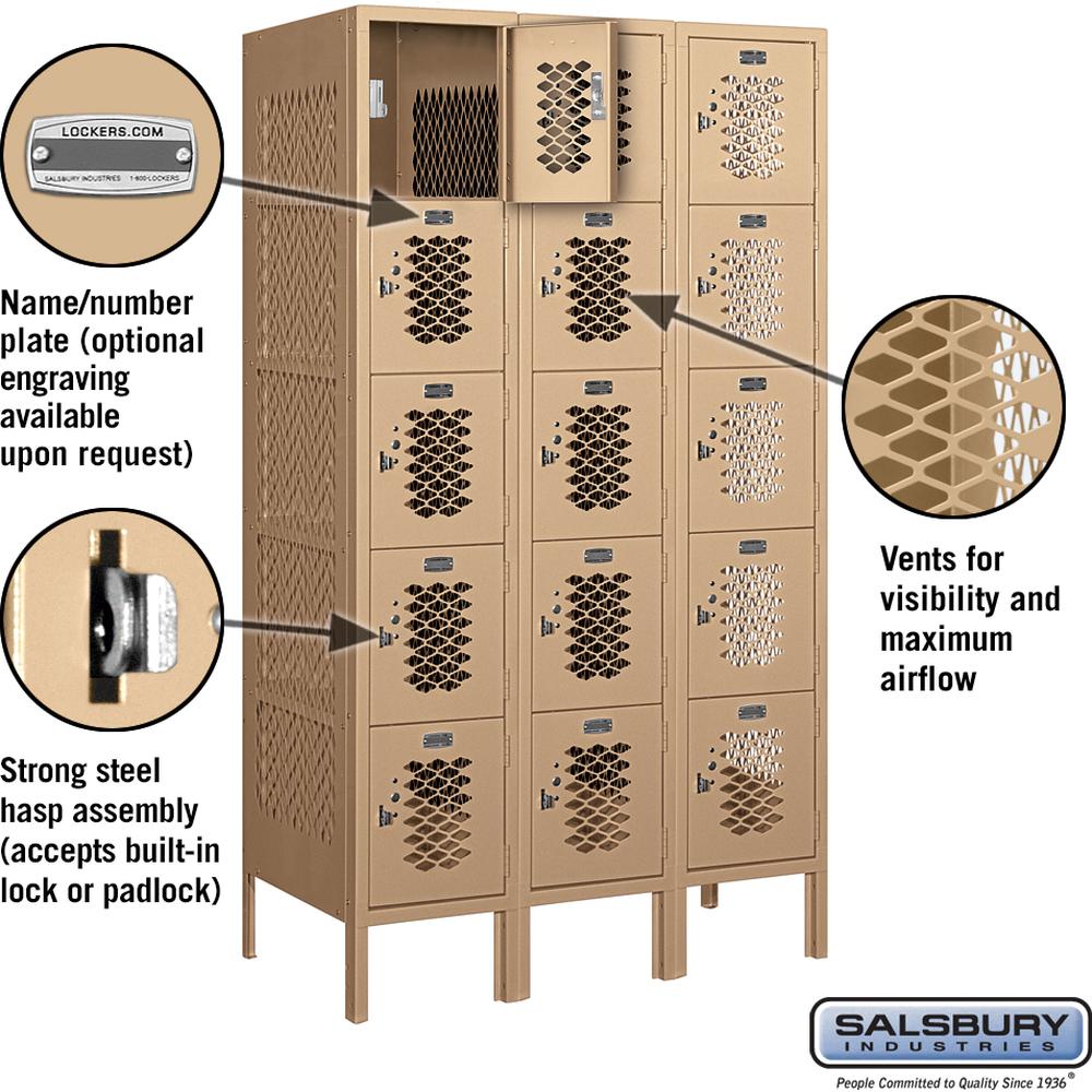 12" Wide Five Tier Box Style Vented Metal Locker - 3 Wide - 5 Feet High - 18" Deep by Salsbury
