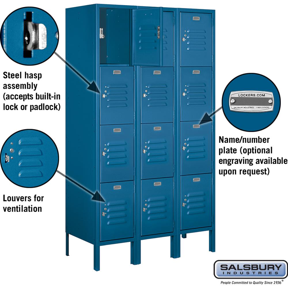 12" Wide Four Tier Standard Metal Locker - 3 Wide - 5 Feet High - 15" Deep by Salsbury