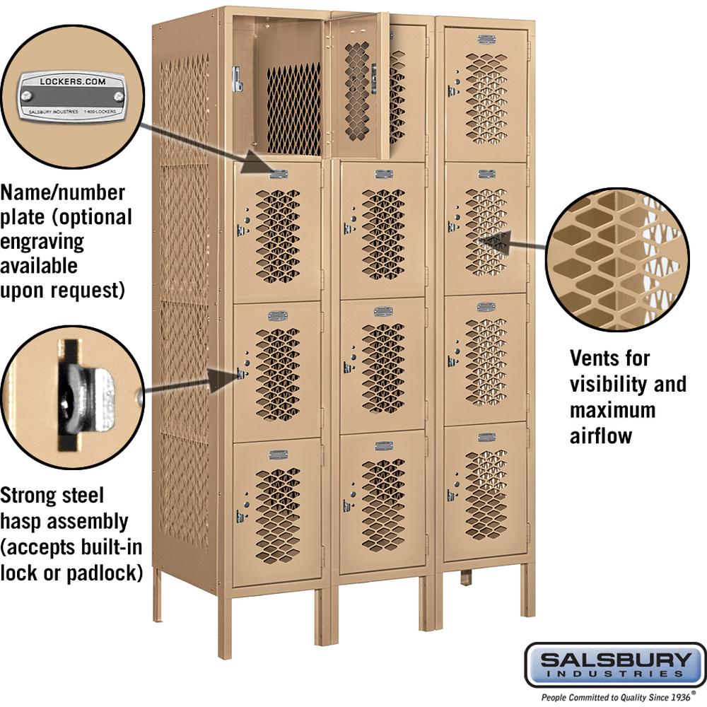 12" Wide Four Tier Vented Metal Locker - 3 Wide - 5 Feet High - 18" Deep by Salsbury