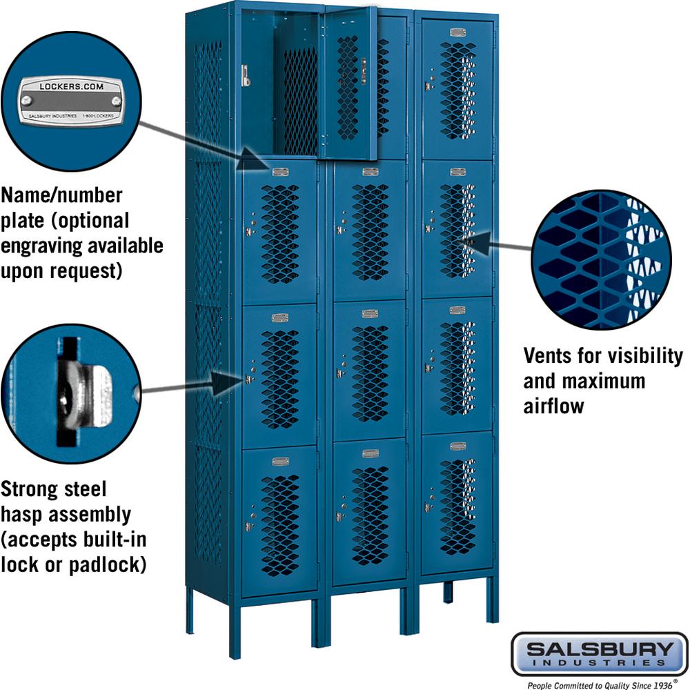 12" Wide Four Tier Vented Metal Locker - 3 Wide - 6 Feet High - 12" Deep by Salsbury