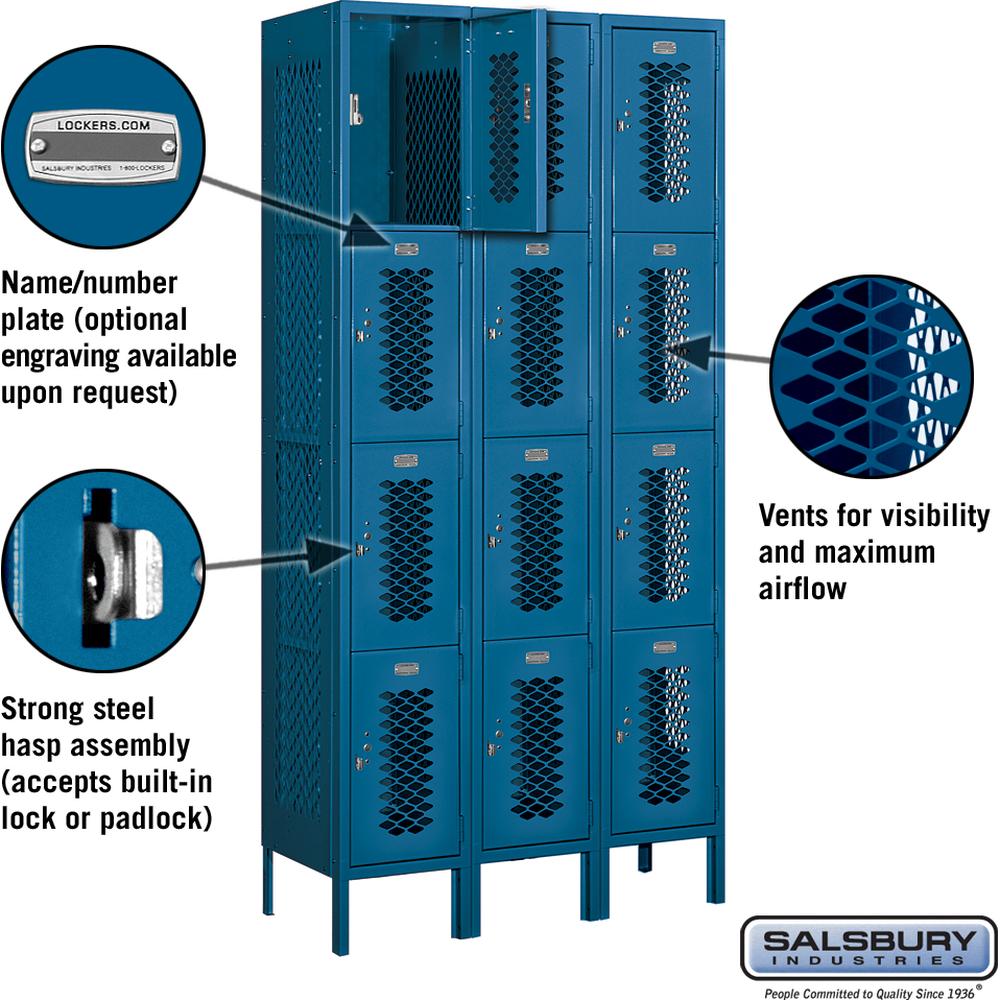 12" Wide Four Tier Vented Metal Locker - 3 Wide - 6 Feet High - 15" Deep by Salsbury
