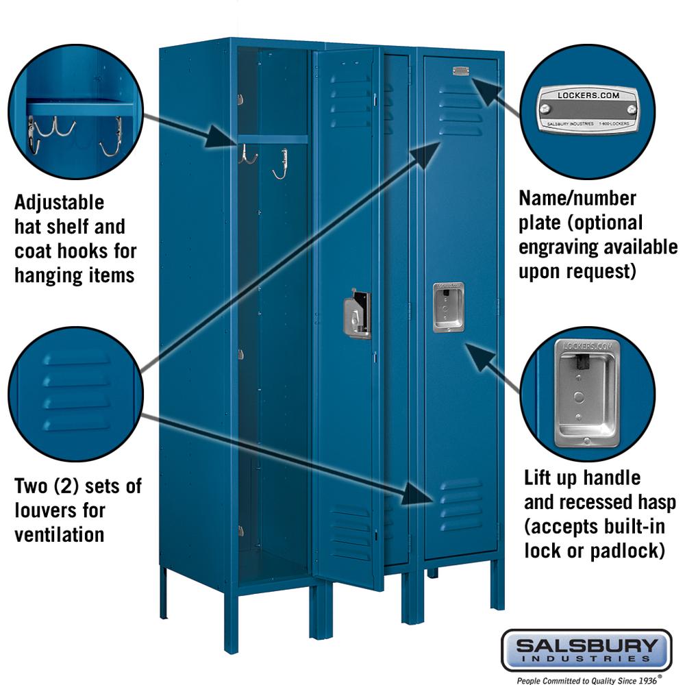 12" Wide Single Tier Standard Metal Locker - 3 Wide - 5 Feet High - 15" Deep by Salsbury