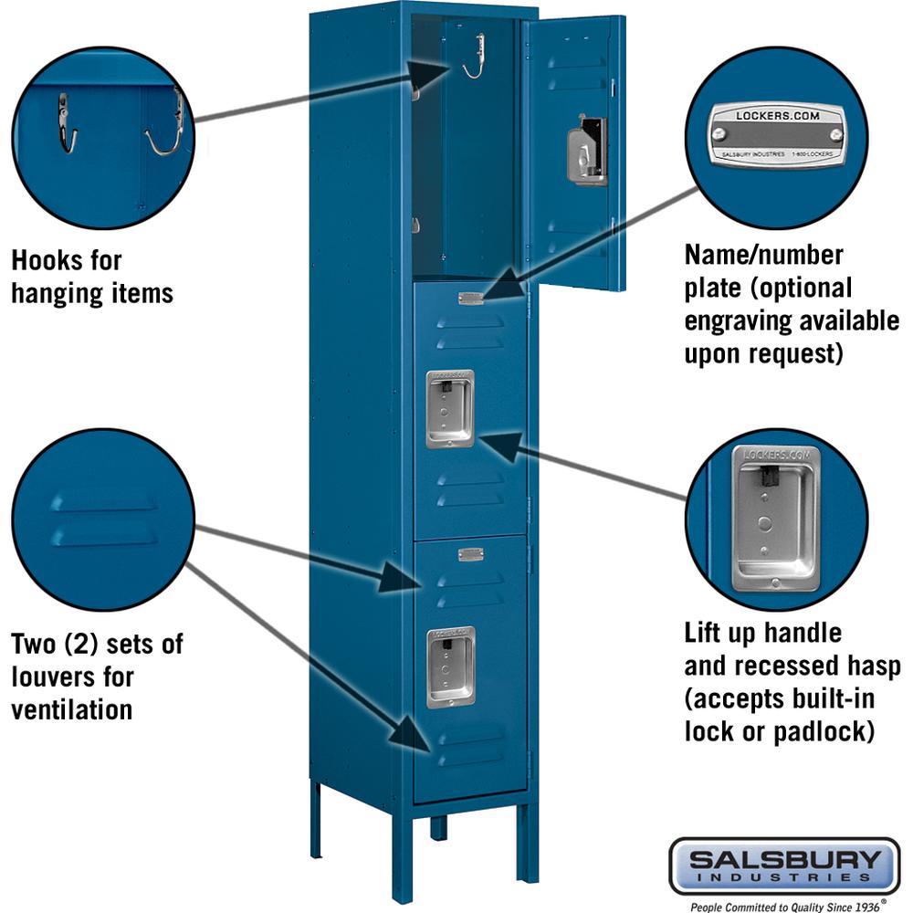 12" Wide Triple Tier Standard Metal Locker - 1 Wide - 5 Feet High - 12" Deep by Salsbury
