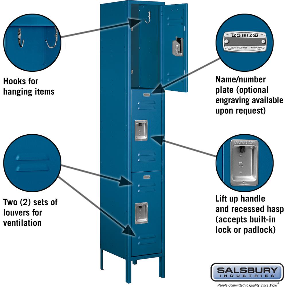 12" Wide Triple Tier Standard Metal Locker - 1 Wide - 6 Feet High - 15" Deep by Salsbury