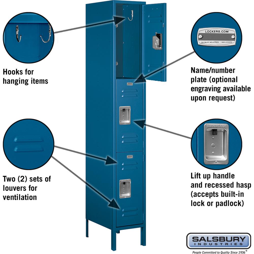 12" Wide Triple Tier Standard Metal Locker - 1 Wide - 6 Feet High - 18" Deep by Salsbury