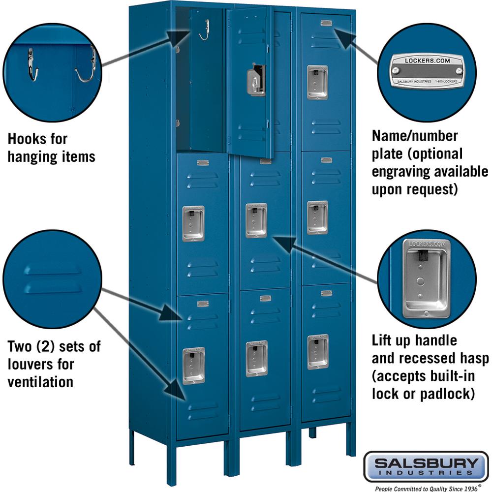 12" Wide Triple Tier Standard Metal Locker - 3 Wide - 6 Feet High - 12" Deep by Salsbury