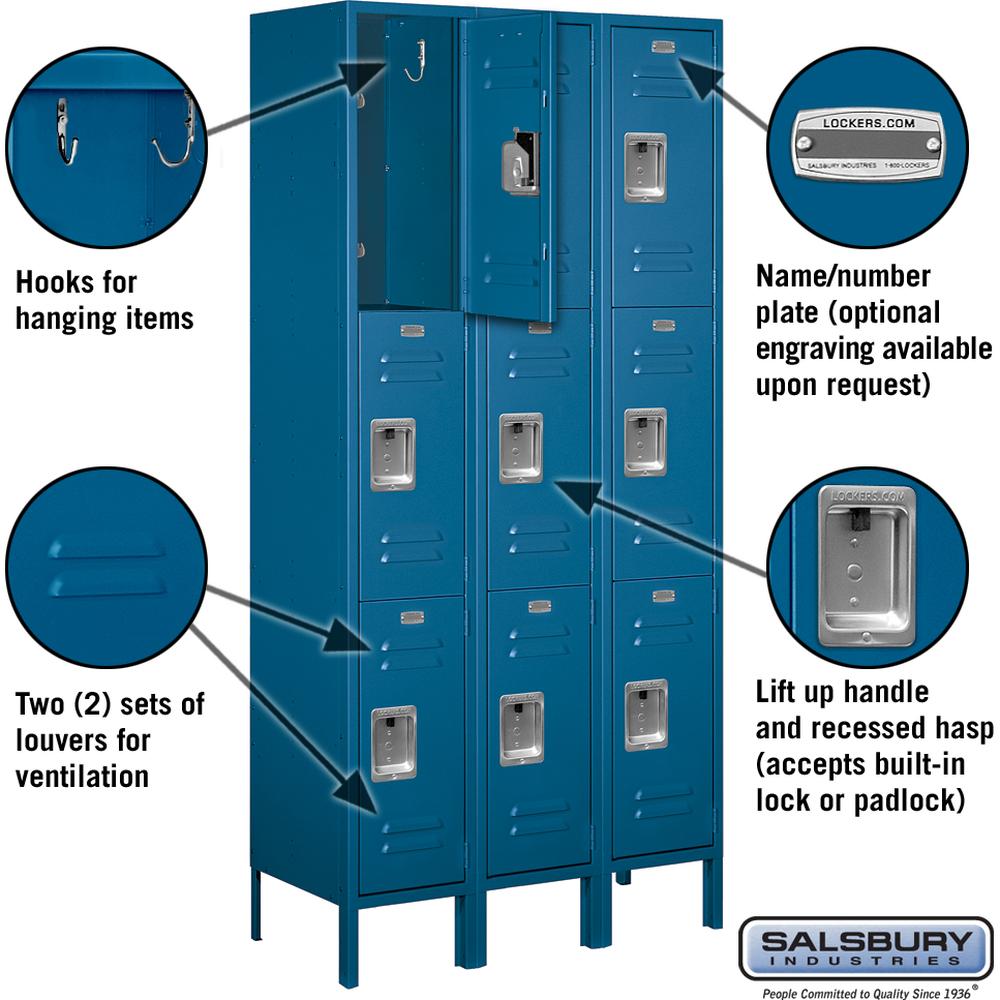 12" Wide Triple Tier Standard Metal Locker - 3 Wide - 6 Feet High - 15" Deep by Salsbury