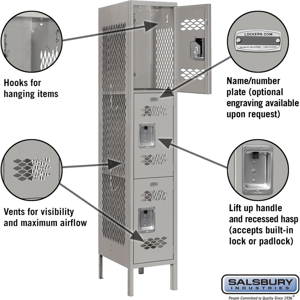 12" Wide Triple Tier Vented Metal Locker - 1 Wide - 5 Feet High - 18" Deep by Salsbury