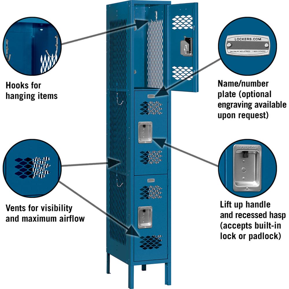12" Wide Triple Tier Vented Metal Locker - 1 Wide - 6 Feet High - 15" Deep by Salsbury