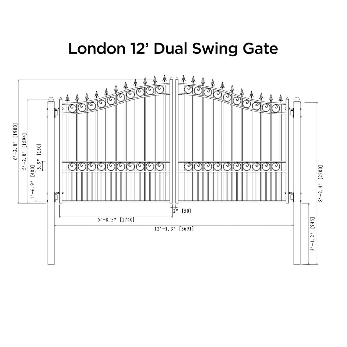 Aleko Automated Steel Dual Swing Driveway Gate and Gate Opener Complete Kit – LONDON Style – 12 x 6 Feet - ETL Listed