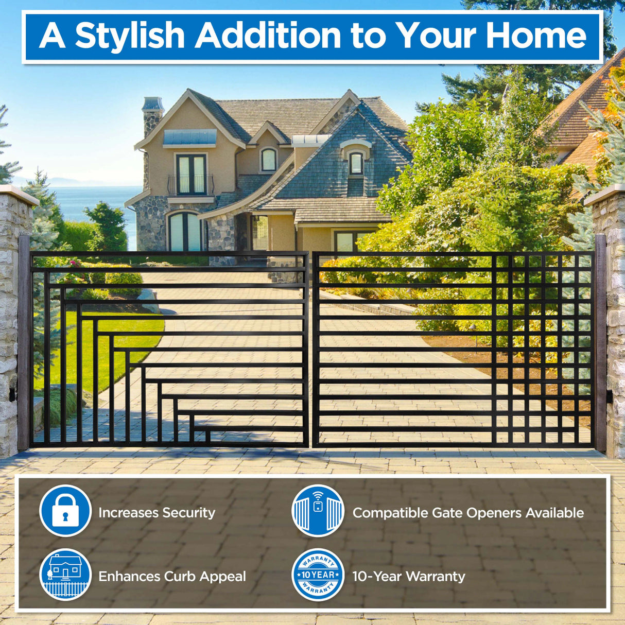 Aleko Automated Steel Dual Swing Driveway Gate and Gate Opener Complete Kit – ETL Listed - Kyiv Style – 14 x 6 Feet