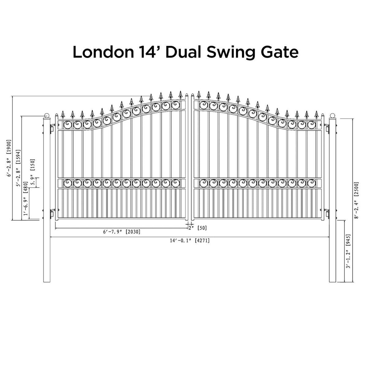 Aleko Automated Steel Dual Swing Driveway Gate and Gate Opener Complete Kit – LONDON Style – 14 x 6 Feet - ETL Listed