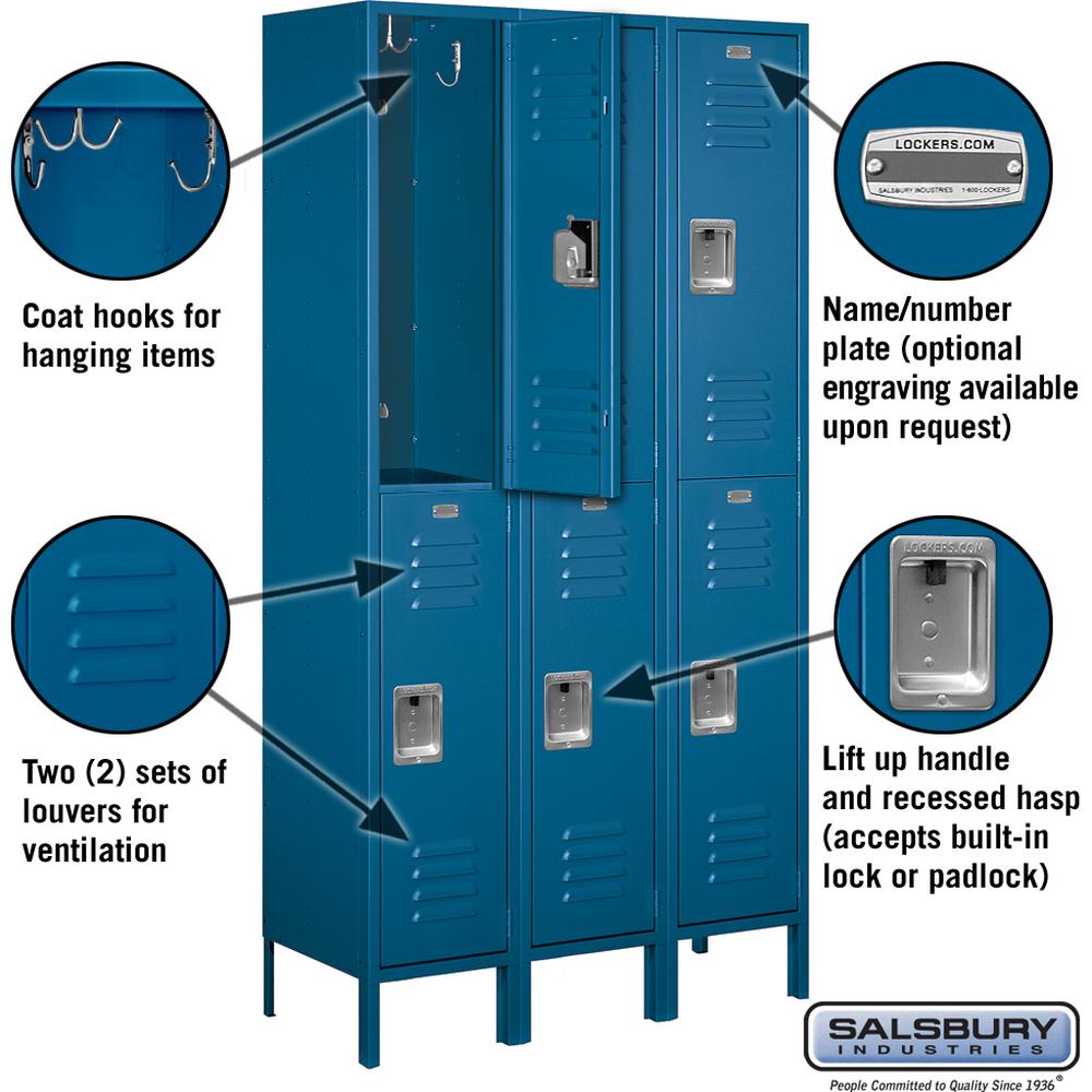 15" Wide Double Tier Standard Metal Locker - 3 Wide - 6 Feet High - 15" Deep by Salsbury