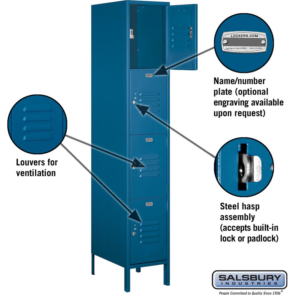 15" Wide Four Tier Standard Metal Locker - 1 Wide - 6 Feet High - 18" Deep by Salsbury