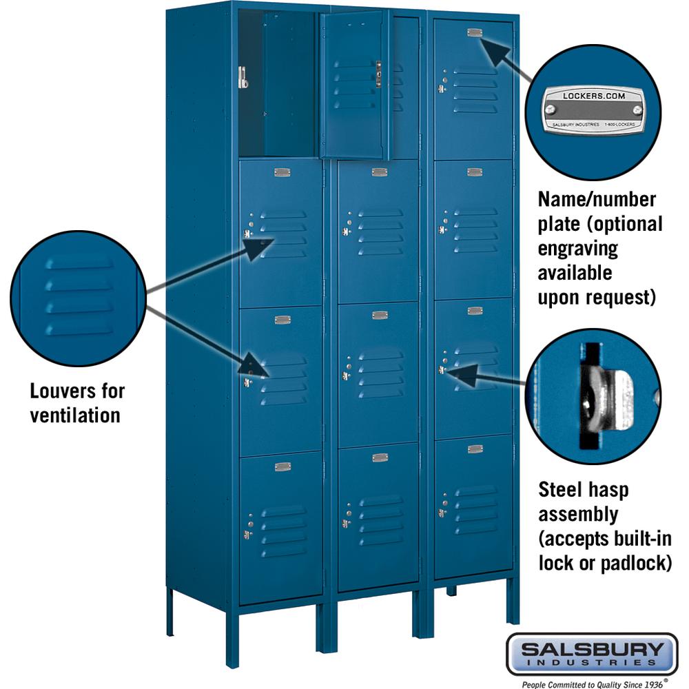 15" Wide Four Tier Standard Metal Locker - 3 Wide - 6 Feet High - 15" Deep by Salsbury