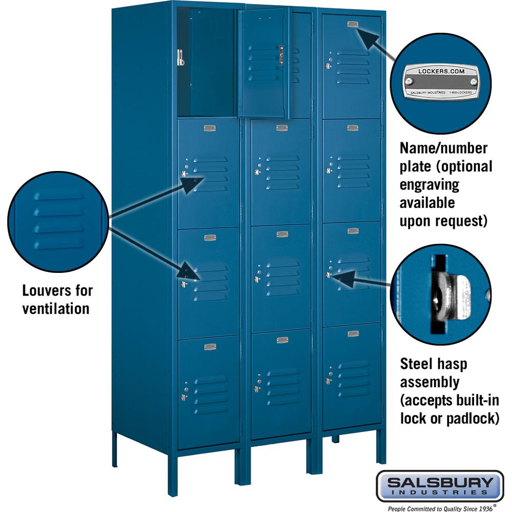 15" Wide Four Tier Standard Metal Locker - 3 Wide - 6 Feet High - 18" Deep by Salsbury