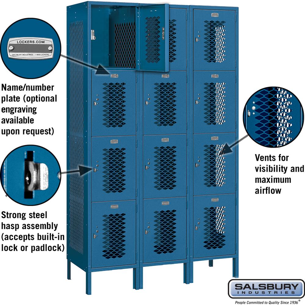 15" Wide Four Tier Vented Metal Locker - 3 Wide - 6 Feet High - 18" Deep by Salsbury