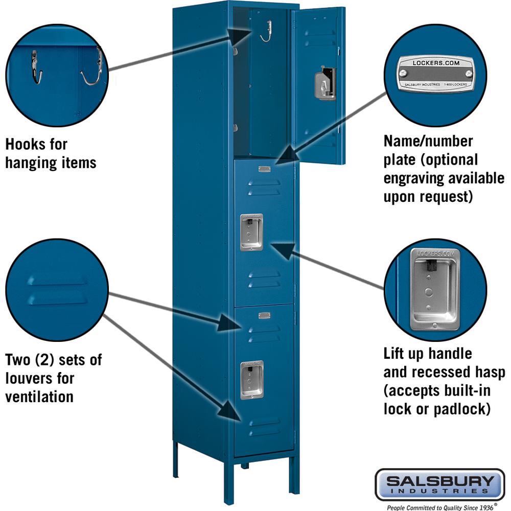 15" Wide Triple Tier Standard Metal Locker - 1 Wide - 6 Feet High - 18" Deep by Salsbury