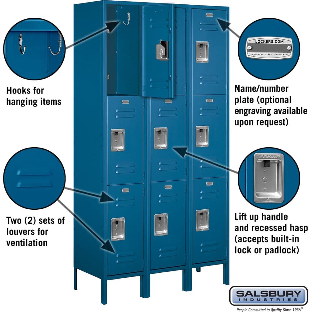 15" Wide Triple Tier Standard Metal Locker - 3 Wide - 6 Feet High - 15" Deep by Salsbury