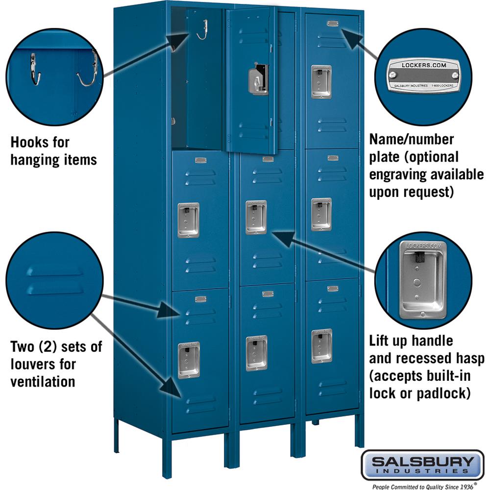 15" Wide Triple Tier Standard Metal Locker - 3 Wide - 6 Feet High - 18" Deep by Salsbury