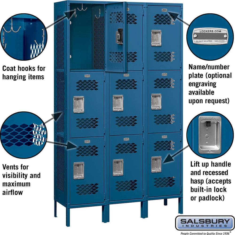 15" Wide Triple Tier Vented Metal Locker - 3 Wide - 6 Feet High - 15" Deep by Salsbury
