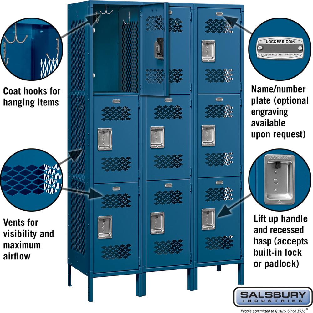 15" Wide Triple Tier Vented Metal Locker - 3 Wide - 6 Feet High - 18" Deep by Salsbury