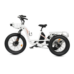 Ecotric 48V 24"x4.0 Front 20"x4.0 Rear Tires Tricycle Electric Bike With Front Basket + Rear Rack White