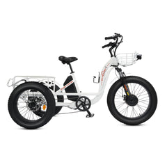 Ecotric 48V 24"x4.0 Front 20"x4.0 Rear Tires Tricycle Electric Bike With Front Basket + Rear Rack White