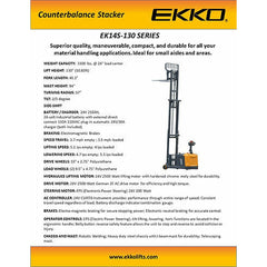 EKKO Lift EK14S-130 Electric Counterbalanced Walkie Stacker 3,300 lbs - 130" Side Shift