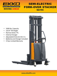 EKKO Semi-Electric Fork-Over Stacker 3300lbs. Cap., 119.3" Height EA15E