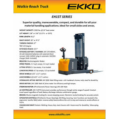 EKKO Lift EH15TH Electric Moving Mast Walkie Reach Truck 3,300 lbs Capacity - 216" Height