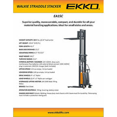 EKKO Fork-Over 45" Semi-Electric Stacker EA15C with 119" Lift & 3,300 lbs Capacity