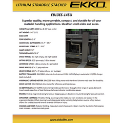 EKKO Lift EB13E-145Li Electric Straddle Stacker 2,800 lbs Capacity - 145" Height