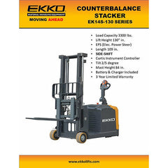 EKKO Lift EK14S-130 Electric Counterbalanced Walkie Stacker 3,300 lbs - 130" Side Shift