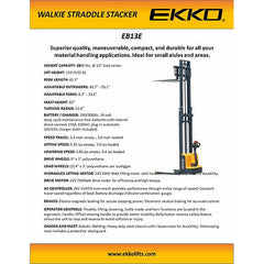 EKKO Lift Electric Straddle Stacker 2,800 lbs Capacity - 119" & 138" Height EB13E EB13E-138