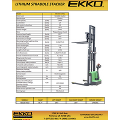 EKKO Lift EB13E-145Li Electric Straddle Stacker 2,800 lbs Capacity - 145" Height