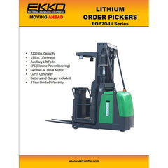 EKKO Lifts EOP70-Li Electric Order Picker 2,200 lbs Capacity 196" Height