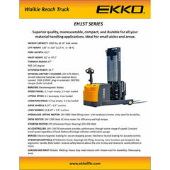 EKKO Lift EH15T Electric Moving Mast Walkie Reach Truck 3,300 lbs Capacity - 138" Height