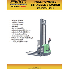 EKKO Lift EB13E-145Li Electric Straddle Stacker 2,800 lbs Capacity - 145" Height