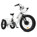 Ecotric 48V 24"x4.0 Front 20"x4.0 Rear Tires Tricycle Electric Bike With Front Basket + Rear Rack White