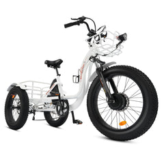 Ecotric 48V 24"x4.0 Front 20"x4.0 Rear Tires Tricycle Electric Bike With Front Basket + Rear Rack White