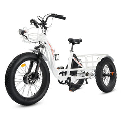 Ecotric 48V 24"x4.0 Front 20"x4.0 Rear Tires Tricycle Electric Bike With Front Basket + Rear Rack White