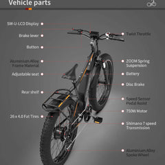 Aostirmotor S07-B Fat Tire Mountain Electric Bike 750W 48V - Black