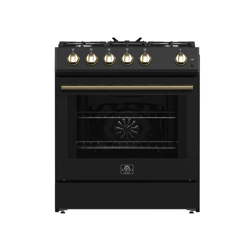 FORNO Espresso Leonardo 30" 5 cu. ft. Gas Range in Black with Antique Brass Handles, FFSGS1116-30BLK