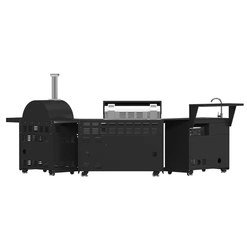 FORNO All’Aperto Outdoor Kitchen Set - 87,600 BTU Gas Grill with 4 Burners + Side Burner, Gas Pizza Oven, Sink Module/Beverage Center with Black Sintered Stone Countertop