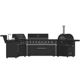 FORNO All’Aperto Outdoor Kitchen Set - 99,600 BTU Gas Grill with 5 Burners + Side Burner, Gas Pizza Oven, Sink Module/Beverage Center with Black Sintered Stone Countertop