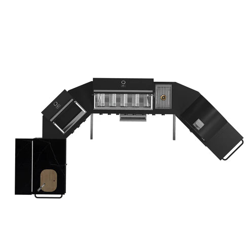FORNO All’Aperto Outdoor Kitchen Set - 99,600 BTU Gas Grill with 5 Burners + Side Burner, Gas Pizza Oven, Sink Module/Beverage Center with Black Sintered Stone Countertop