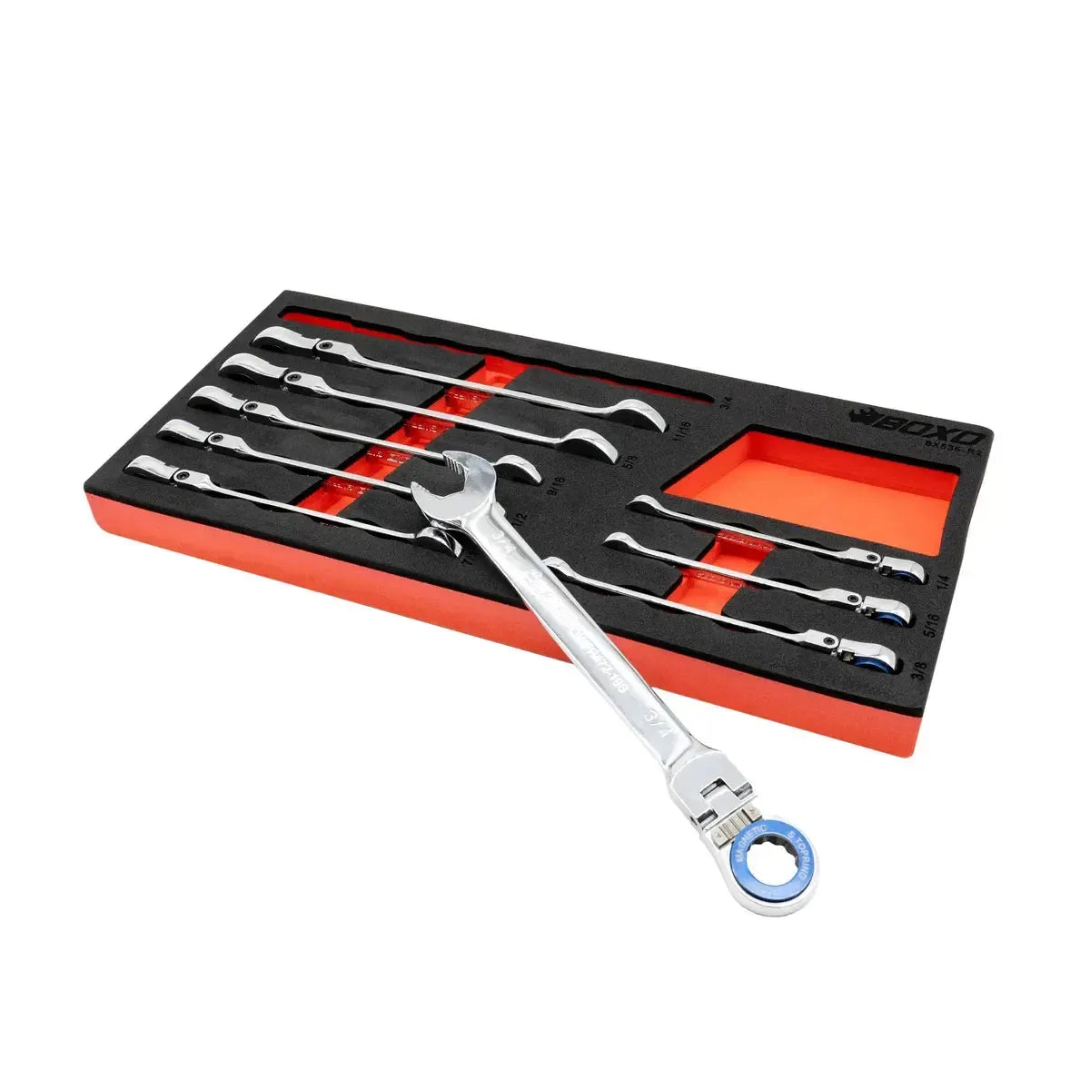 Boxo 9-Piece Flex Head 100T SAE Ratcheting Combination Wrench Set with Magnetic Stop Ring and Grip Open End | 1/3rd EVA Foam